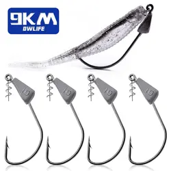 9KM Weighted Fishing Hooks Jig Head 5~15Pcs Jig Heads Weedless Hook Bass Fishing Soft Lure Hooks with Spring Twist Lock Tackle