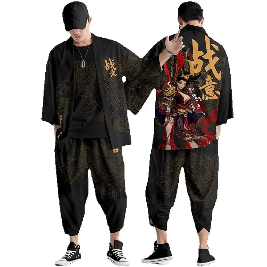 

Японское кимоно, кардиган, брюки, комплект с принтом, непобедимый демон, мужская и женская рубашка, традиционная юката, хаори Оби, карнавальный костюм