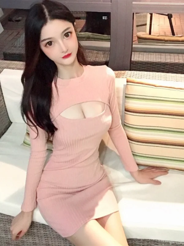 

Sexy Spicy Girl Hollow Long Sleeved Dress For Women's Spring New Slim Fit Show Chest Show Weight Versatile Wrapped Hip Short FXI
