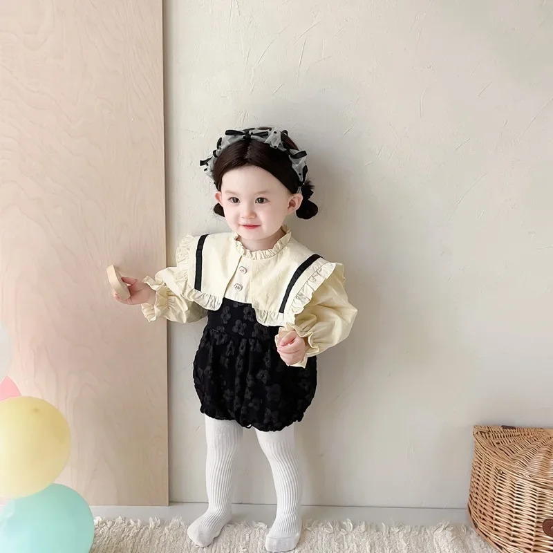 

Baby Spring and Autumn Dress Little Princess Korean Jumpsuit 2024 Baby One Year Old Clothes Girls Treasure Triangle Rompers