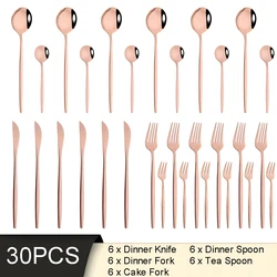 30Pcs Rose Gold Dinnerware Set Knife Cake Forks Coffee Spoon Cutlery Set Stainless Steel Tableware Kitchen Flatware Silverware