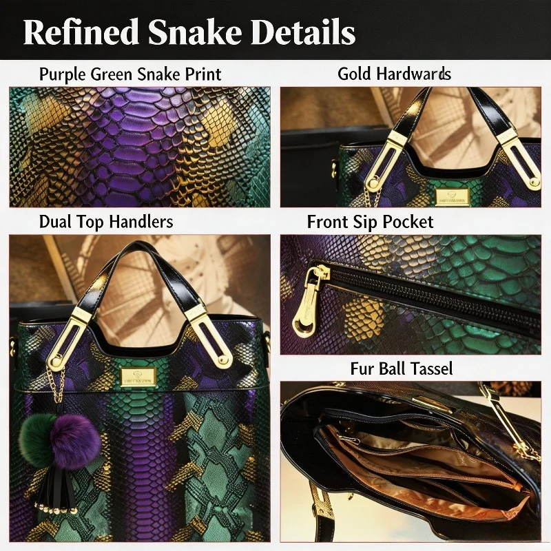 Women Snake Skin Pattern Tote Handbag Faux Leather Gold Hardware Pom Pom Tassel Pendant Detachable Strap Top Handle Shoulder Bag