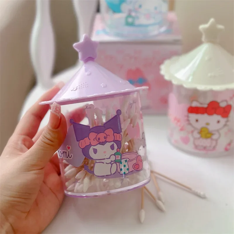 Sanrio Kuromi Melody desktop cotton swab storage box lid storage box circular desktop small box transparent cotton swab box tube view 2
