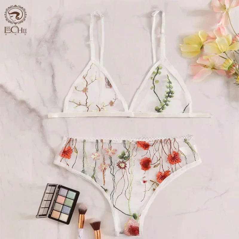 LEECHEE Bra Set Floral Embroidery Bra For Women Comfortable White Gauze Lingerie Set Transparent Sexy Lingerie Female Underwear