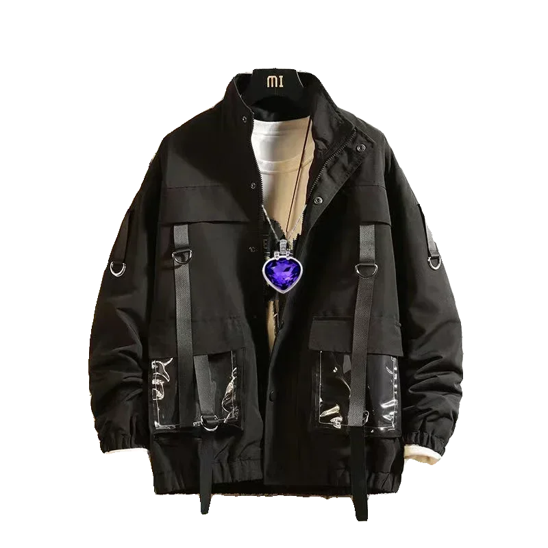 

Streetwear Korean Fashion Pockets Baseball Jacket Men Hop Hip Loose Zipper Single Breasted Ribbons Mens Jackets Male Clothes
