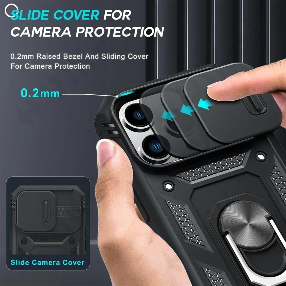 Case For iPhone 17 16 15 14 13 12 11 Pro XS Max Plus Camera Slide Military Grade Armor Protection 360 Degree Rotate Armor Cover