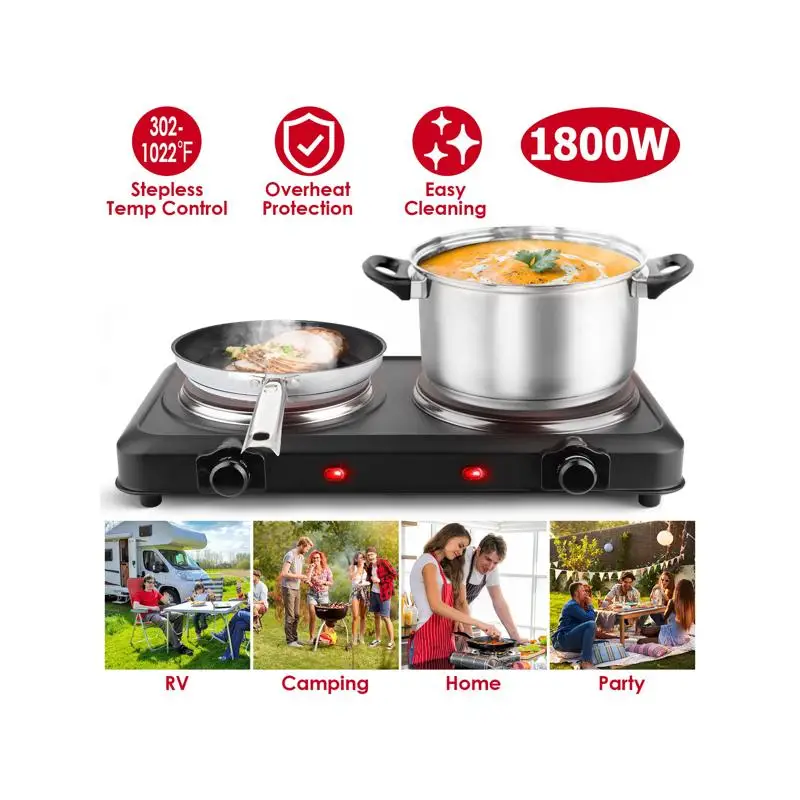 

Portable 2-Burner Electric Cooktop, 1800W Glass Electric Stove with Stepless Temp Control, Ideal for Dorms Compatible with All