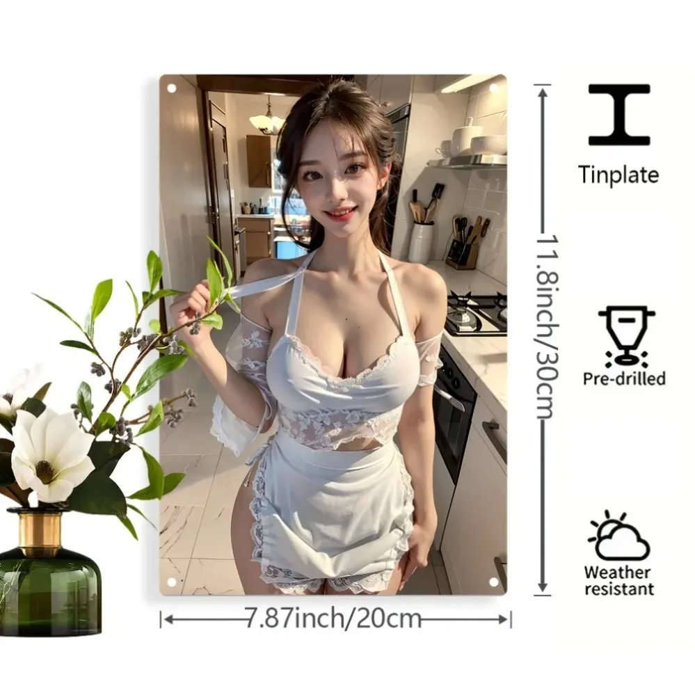 1. Picture Content AnalysisThe picture shows a 2D flat metal tin sign (decorative plaque). The main subject is a woman wearing