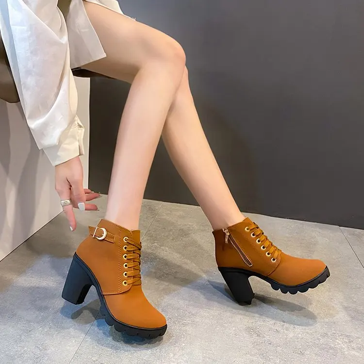 Women Autumn Winter Ankle Boots Classic British Style Leather Lace-up Fashion Short Boots Green Round Toe Botas Mujer