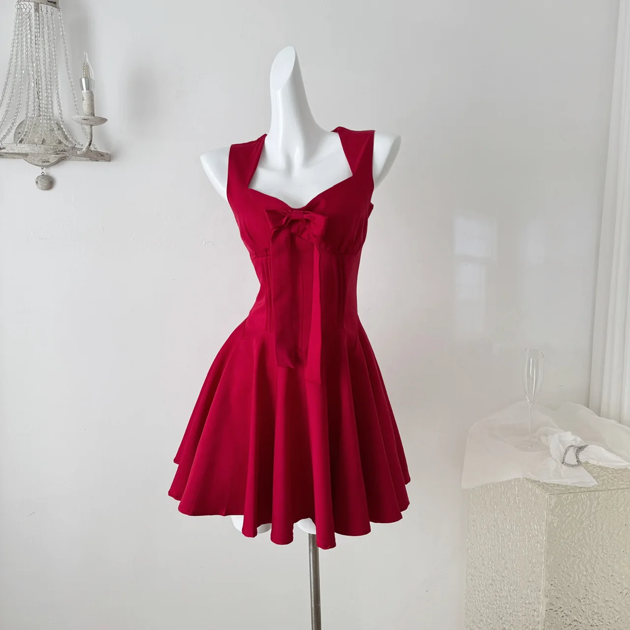 

Red Princess Short Dress Casual Summer New Style French Strap Mini Skirt Women's Clothing High Sensation Princess Gown