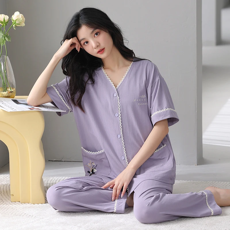 

Summer Women Sleepwear Modal V-neck Pijama Short Tops+Long Pants Two Pieces Set Womens Pyjamas Female Nightwear