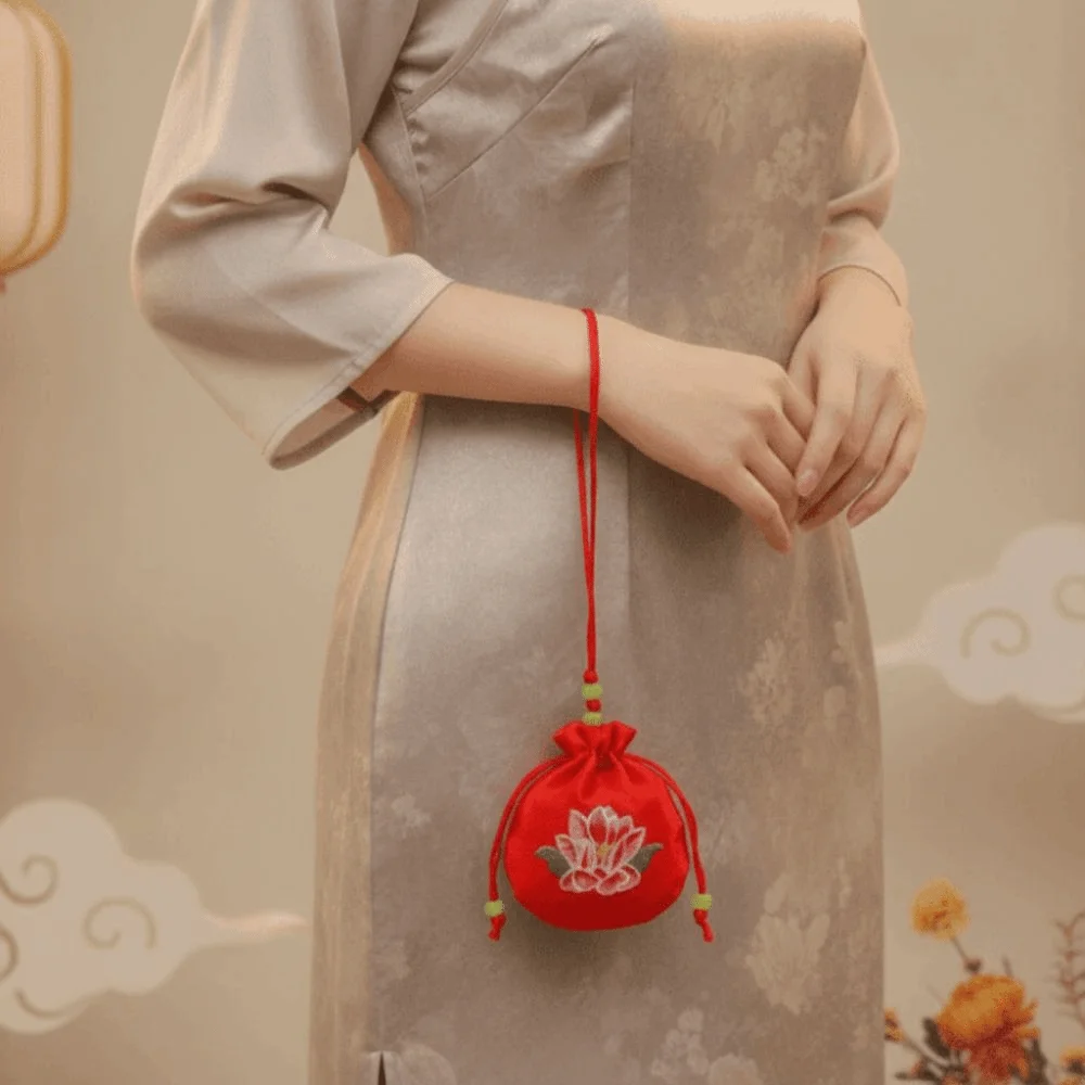 Lotus Embroidery Embroidered Sachet Silk Satin Drawstring Closure Lotus Drawstring Bag Mini Size Vintage Style