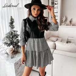 Casual Long Sleeve Mini Shirt Dress For Women White 2024 Spring PU Leather Patchwork Plaid Woman Dresses Clothing Femme Robe