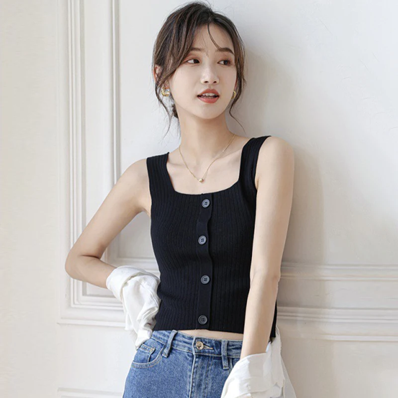 Women's Sleeveless Vest Button Front Crop Tank Top Ribbed Knit Belly Shirt Knitted Camis Vest Short Casual Solid Color Tees