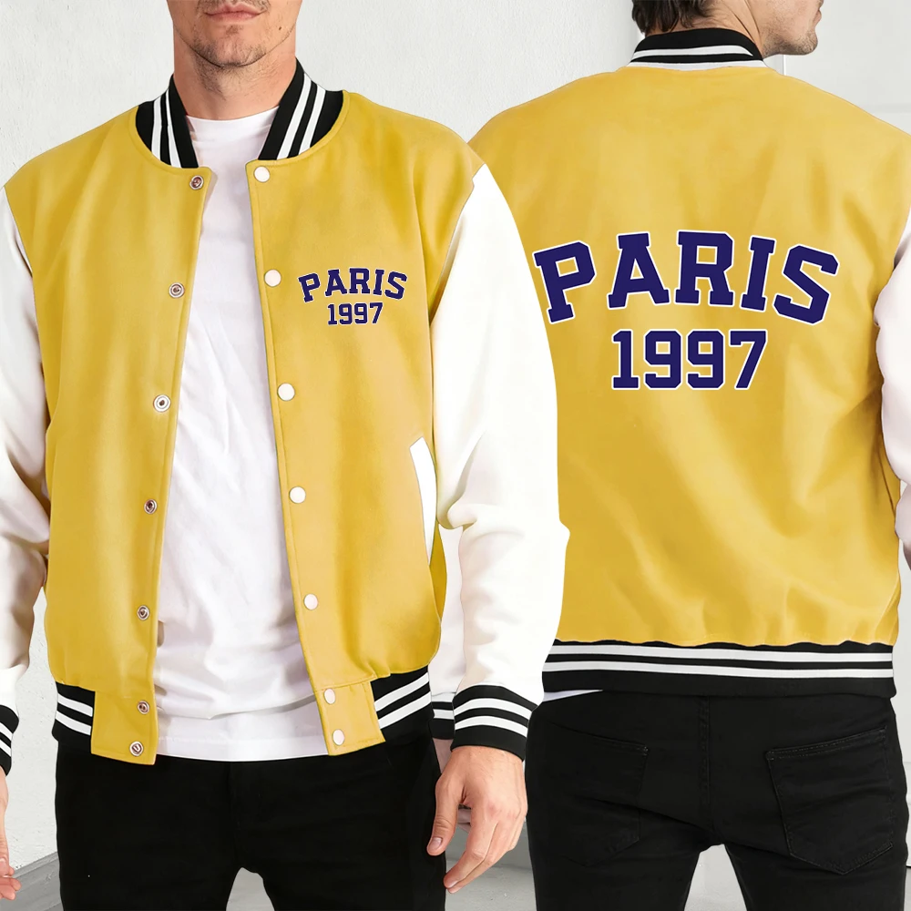 

Paris 1997 Street City Letter Print Male Baseball Jersey Hip Hop Fleece Streetwear Autumn Casual Clothing Men Fashion Jackets