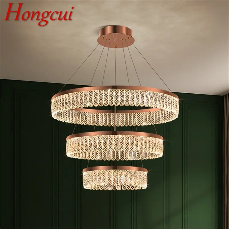 

Hongcui Postmodern Long Pendant Lamp Round LED Fixtures Decorative Gold Crystal Chandelier For Home Living Room