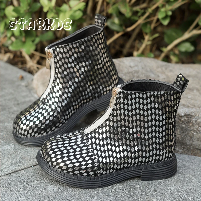 Diamond Checker Print Ankle Boots For Kids Girls 2024 Autumn New Front Zipper Short Booties Children Flat  Leopard Denim Botas