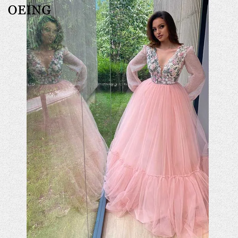 

OEING Blush Pink V Neck Evening Dresses Simple Appliques Wedding Photo shoot Tulle Garden Prom Gowns Formal Party Dress Corset