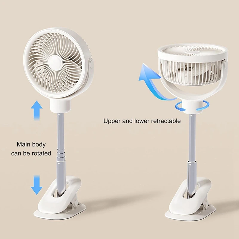 Clip On Desk Fan, Portable Telescopic Floor Fan, 4 Speeds With LED Light, Oscillating Desk Clip On Fan,USB Rechargeable