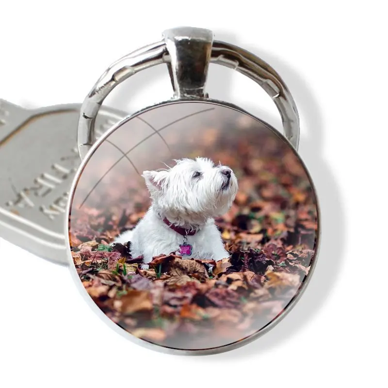 Terrier Westie Dog Puppy Keychain Handmade Glass Cabochon Key Ring Holder Pendant Key Chains