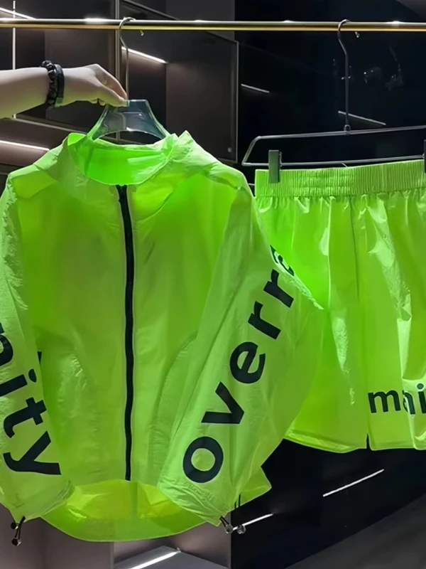 

Large Size 300 Pou Summer Thin Men's Faion Batwing Sve Sun Protection Set American Letter Print Two-Piece Casual Spor...