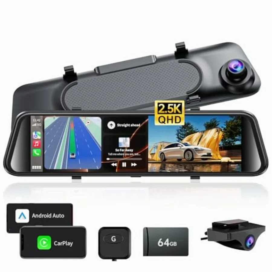 

2.5K Mirror Dash Cam with Carplay Mirror Android Auto Dash Cam Front and Rear with Zoom Function 12 inches Rear View Mirror Cam