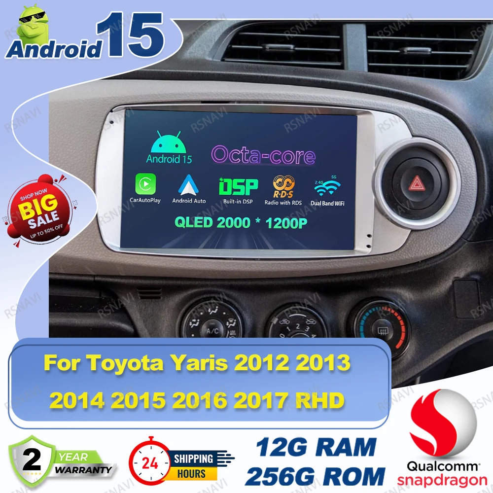 

Android 15 Car Radio For Toyota Yaris 2012 - 2016 2017 Snapdragon WIFI+4G AUTO 8 Core 360 Camera DVD Systems NO 2DIN AI Voice BT
