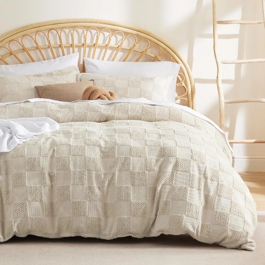 

Boho Duvet Cover Queen Size for All Seasons: Soft Shabby Chic Bedding with Checkered Design in Beige 90 x 90 Ideal for Bedroom
