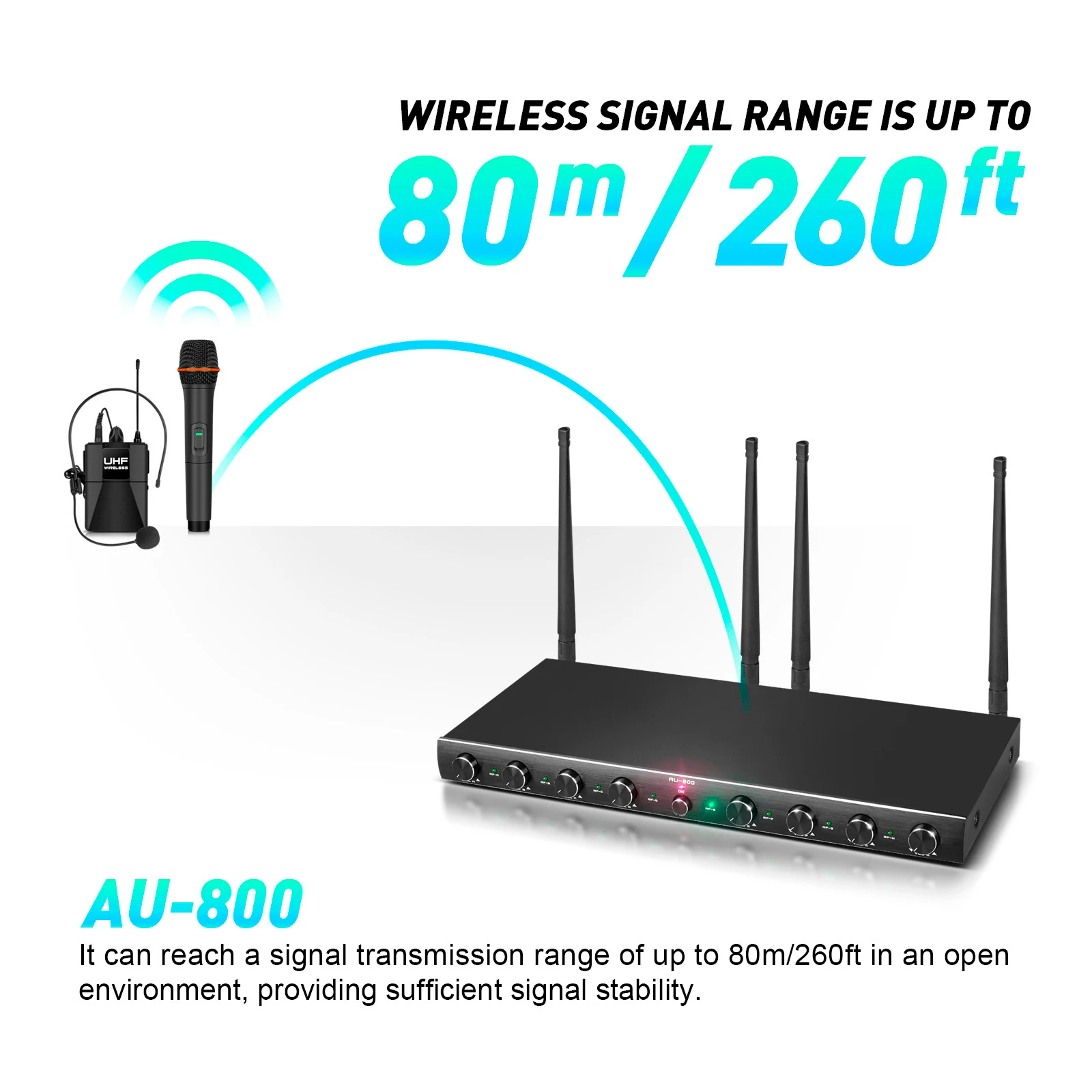 Debra AU800 UHF professional wireless microphone system with handheld, lavalier and headset microphones for stage performances