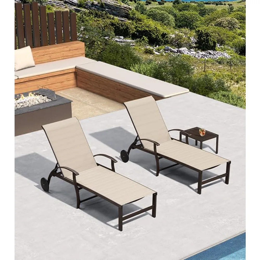 

Outdoor Chaise Lounge Chair Set of 3 Patio Pool Lounger Aluminum Chairs with Side Table and Wheels Adjustable Tanning Recliner
