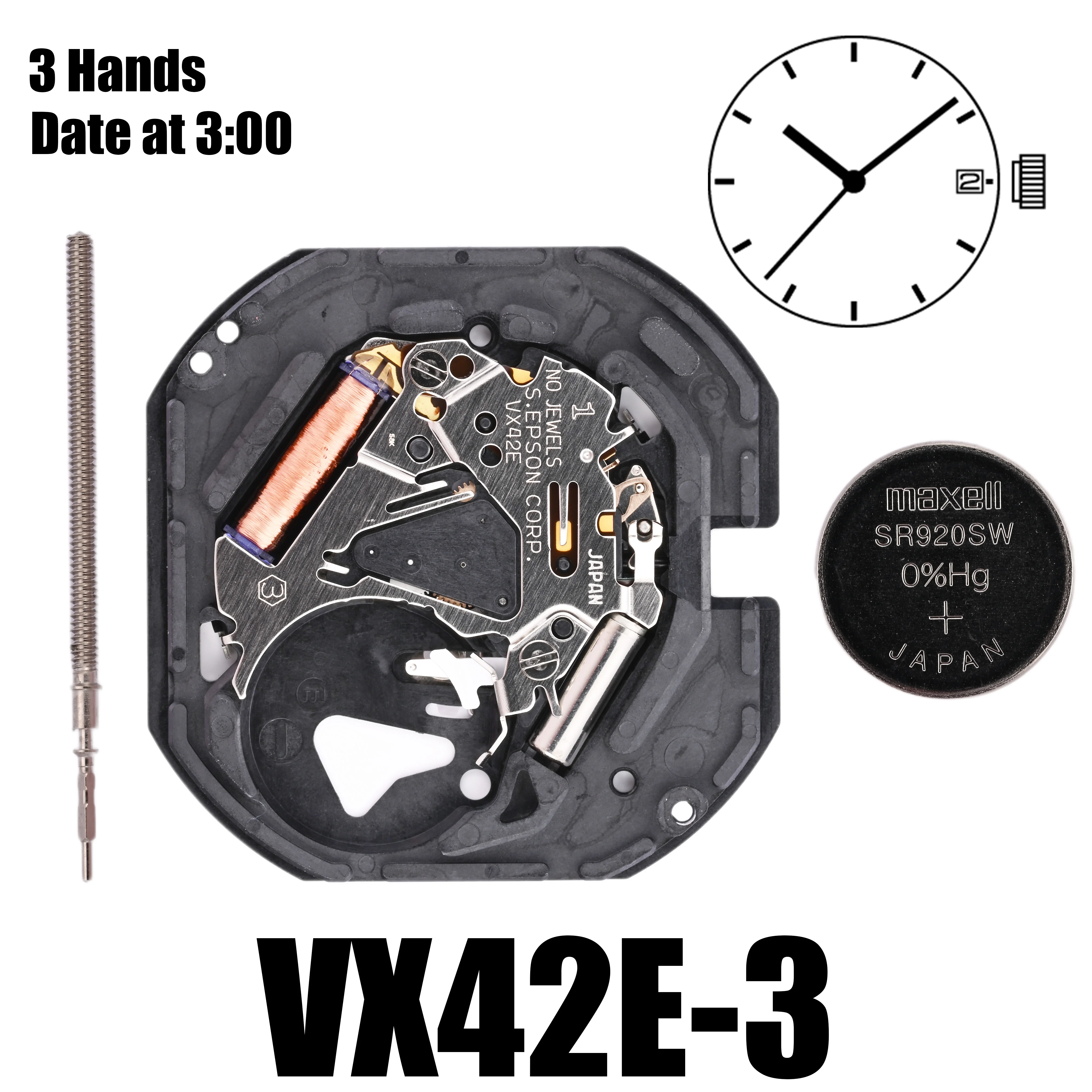 VX42 Movement VX42E Movement 3 Hands Date at 3:00/6:00 Size : 11 1/2''' Height: 2.62mm Battery Life: 3 years