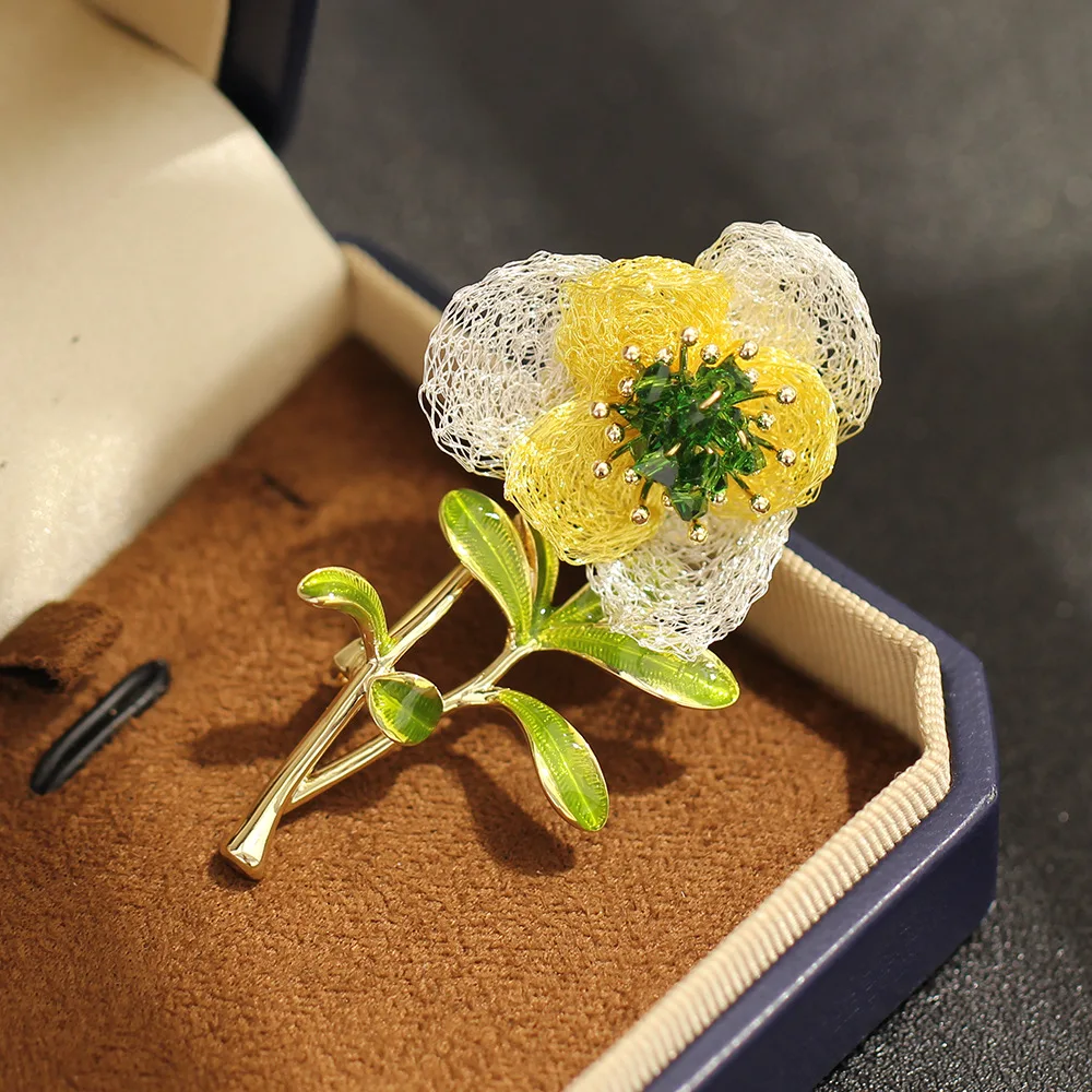 

French Embroidery Flower Brooch, Handmade Petal Design with Enamel Drip, Luxury Fabric Corsage