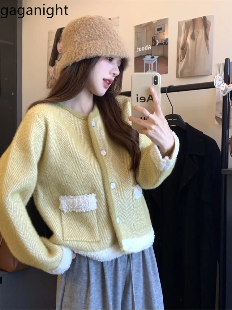 Gaganight Women Small Fragrant Style Loose Short Sweater Top 2024 Autumn Long Sleeve Imitation Lamb Wool Knitted Cardigan Coat