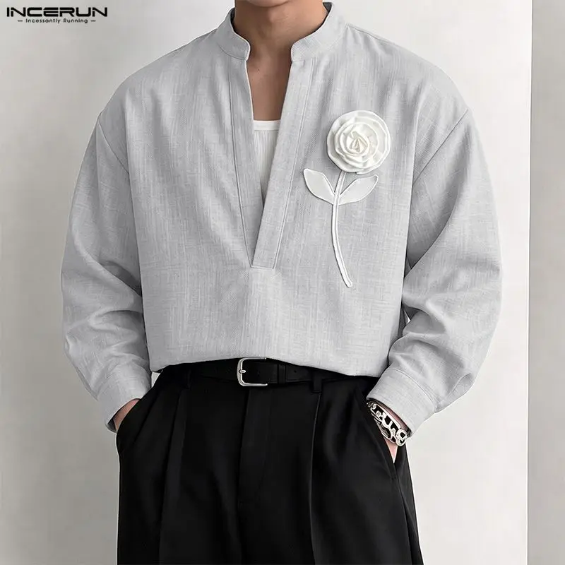 INCERUN Men's Shirt Flower Patchwork Deep V Neck Long Sleeve Loose Men Clothes Streetwear 2026 Stylish Casual Crop Tops For Man