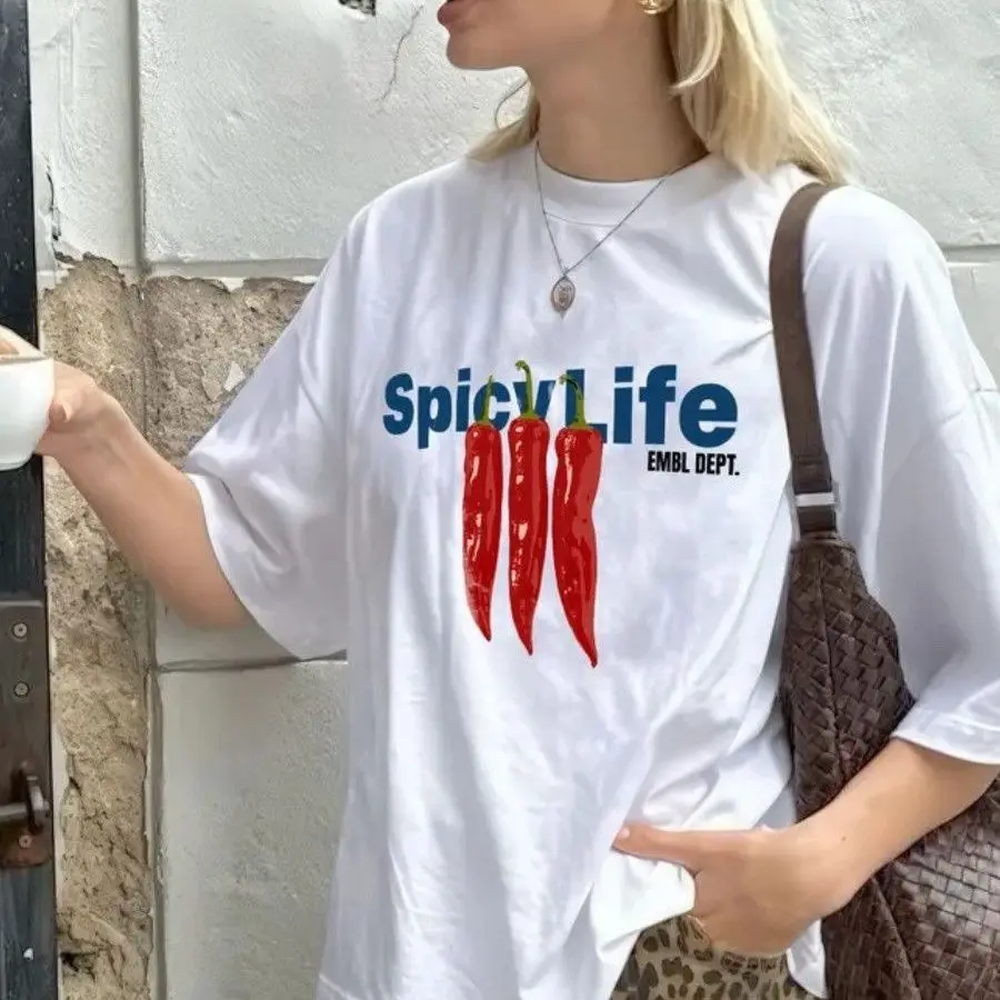 

Новый летний топ в американском стиле с принтом чили, чистый хлопок, с короткими рукавами и буквами 2025 года, универсальный и свободный дизайн футболки