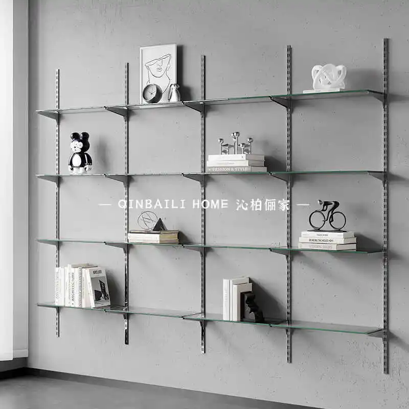 Transparent glass multi-layer shelves Home wall-mounted track bookshelf Modern simple word baffle metal display stand