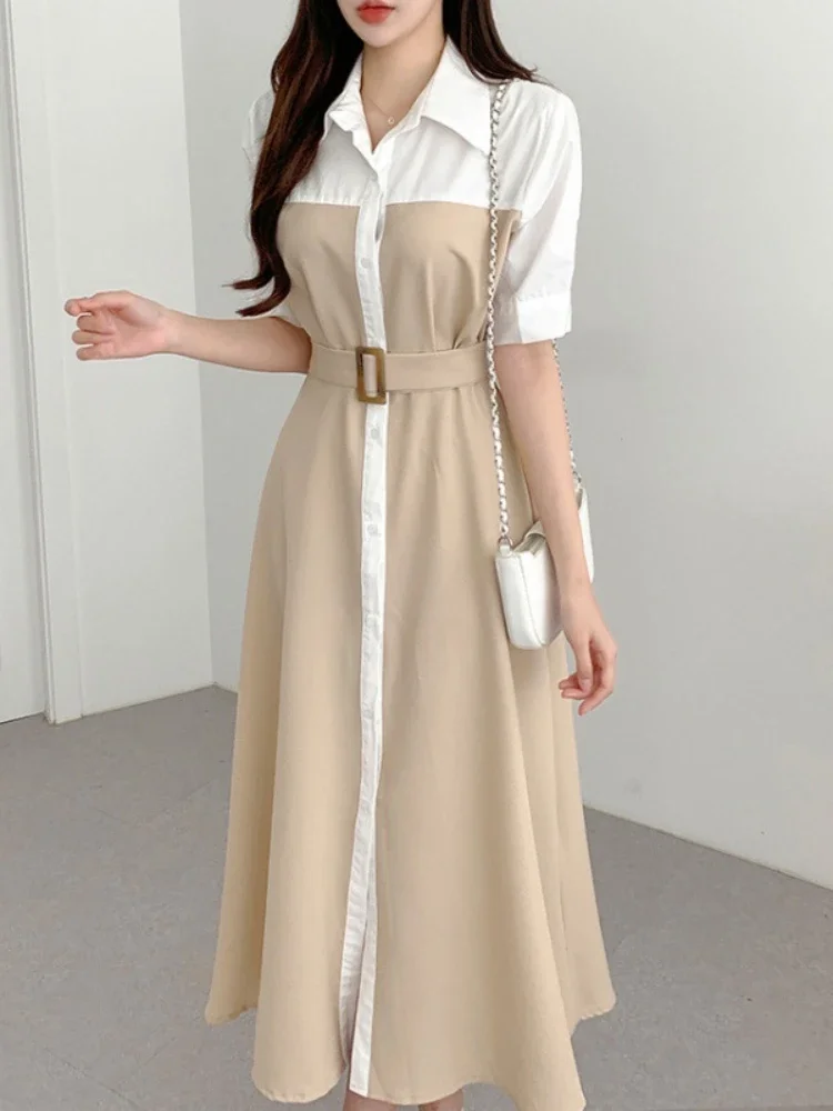 Abito camicia elegante con risvolto con lacci primavera estate Abito da donna vintage doppiopetto patchwork Abito da sera lungo da donna da ufficio