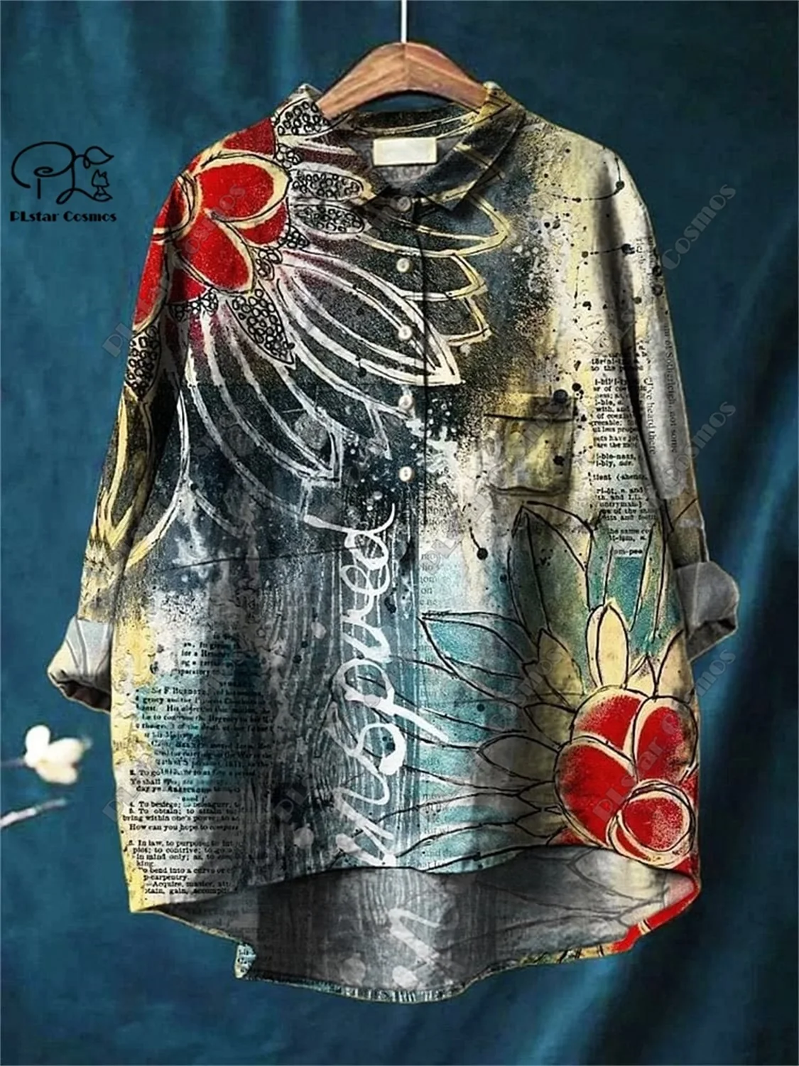PLstar Cosmos new 3D printed women's loose retro floral fun casual printed open tube shirt  K-8