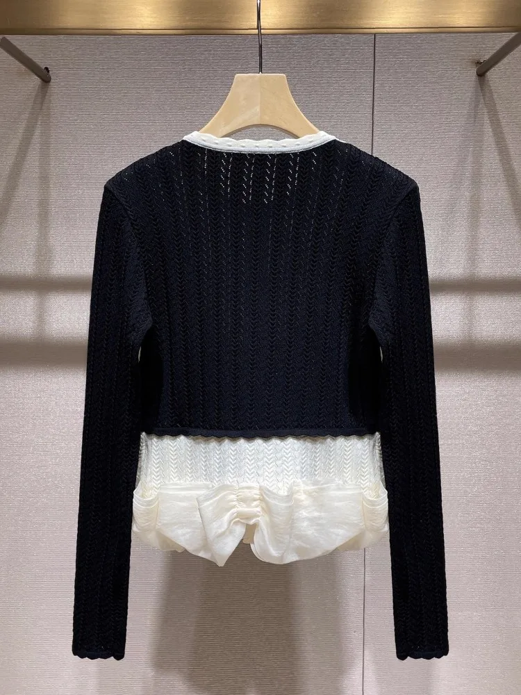 الخريف الإناث الحلو سليم صالح محبوك سترة الديكور وهمية قطعتين سترة معطف فوقي التباين اللون تقسم تريكو معطف