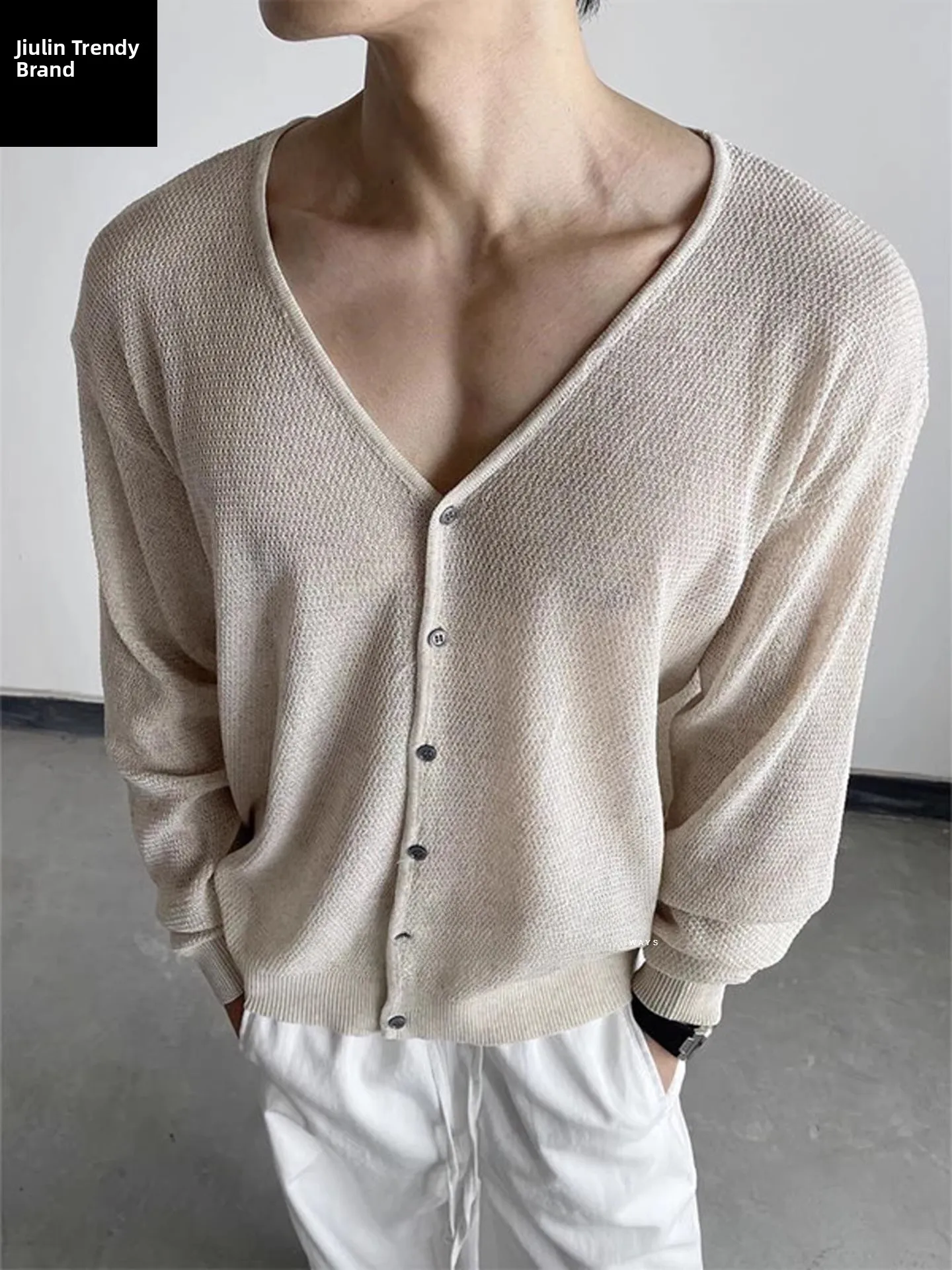 

Мужской вязаный кардиган с V-образным вырезом, легкая элегантная повседневная летняя рубашка с длинным рукавом для защиты от солнца
