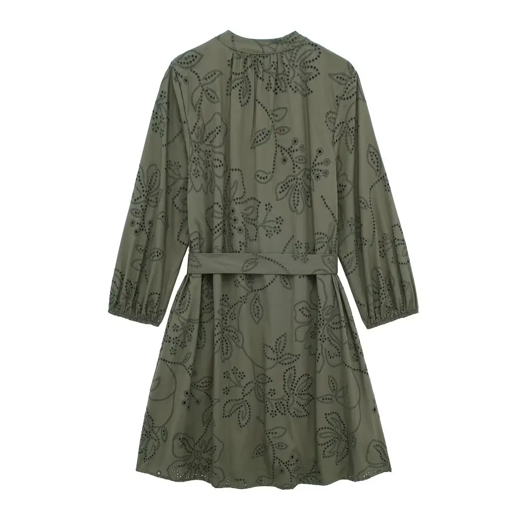 Tangada 2024 Summer Women Green Embroidery Cotton Dress V Neck Long Sleeve Ladies Mini Dress 3H057