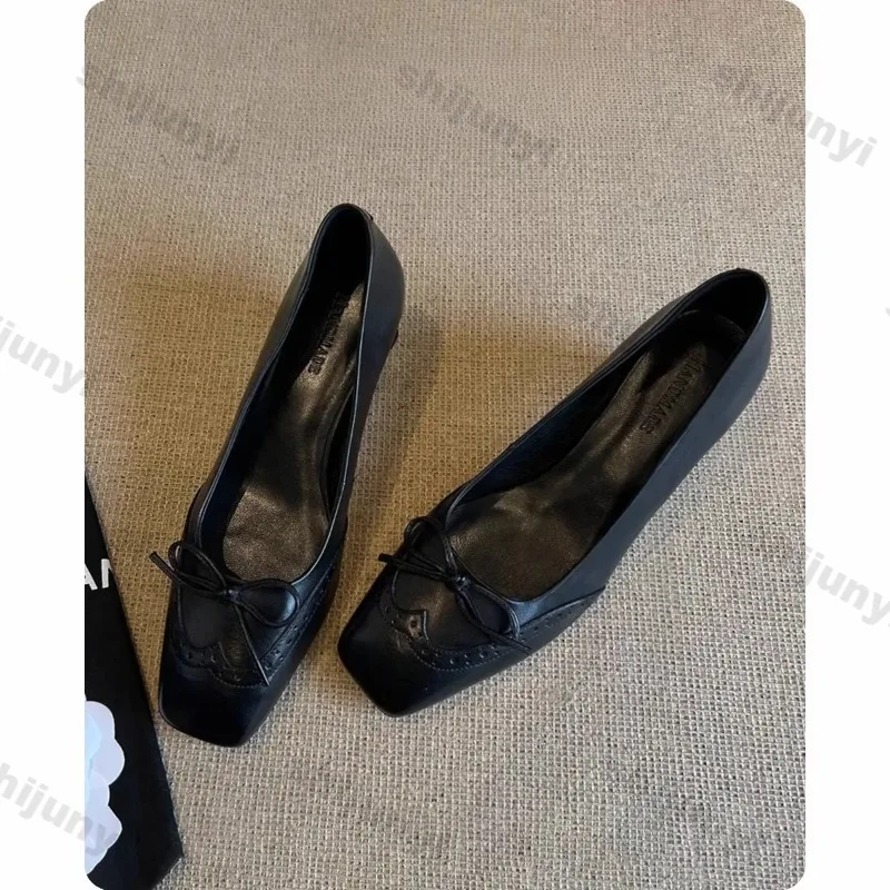 

Vintage Summer Elegant Medium High Heel Women's Shoes Concise Bow-knot Shallow Loafers Match Dress Fashion Comfortable Pumps