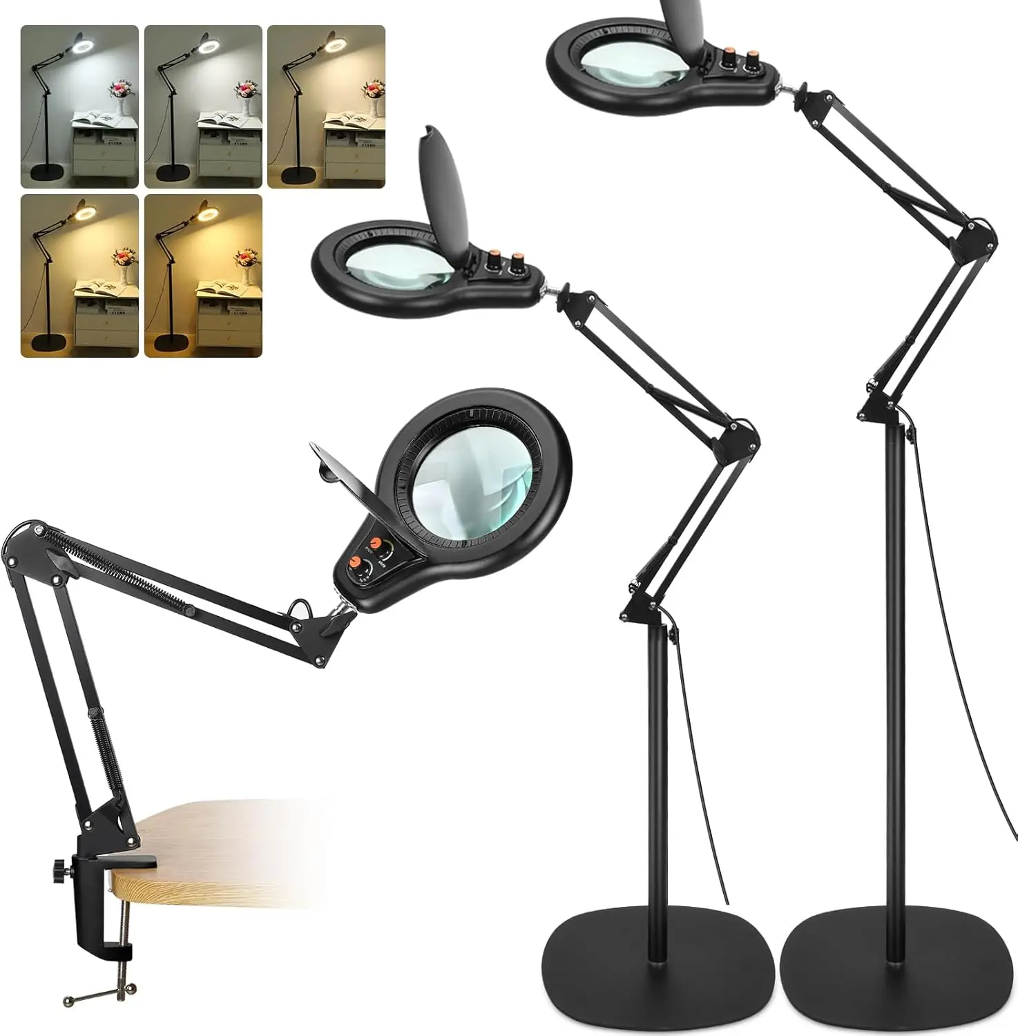 

Лупа с 12-кратным увеличением и подсветкой, регулируемая напольная лампа, для чтения и точных работ без помощи рук - черная