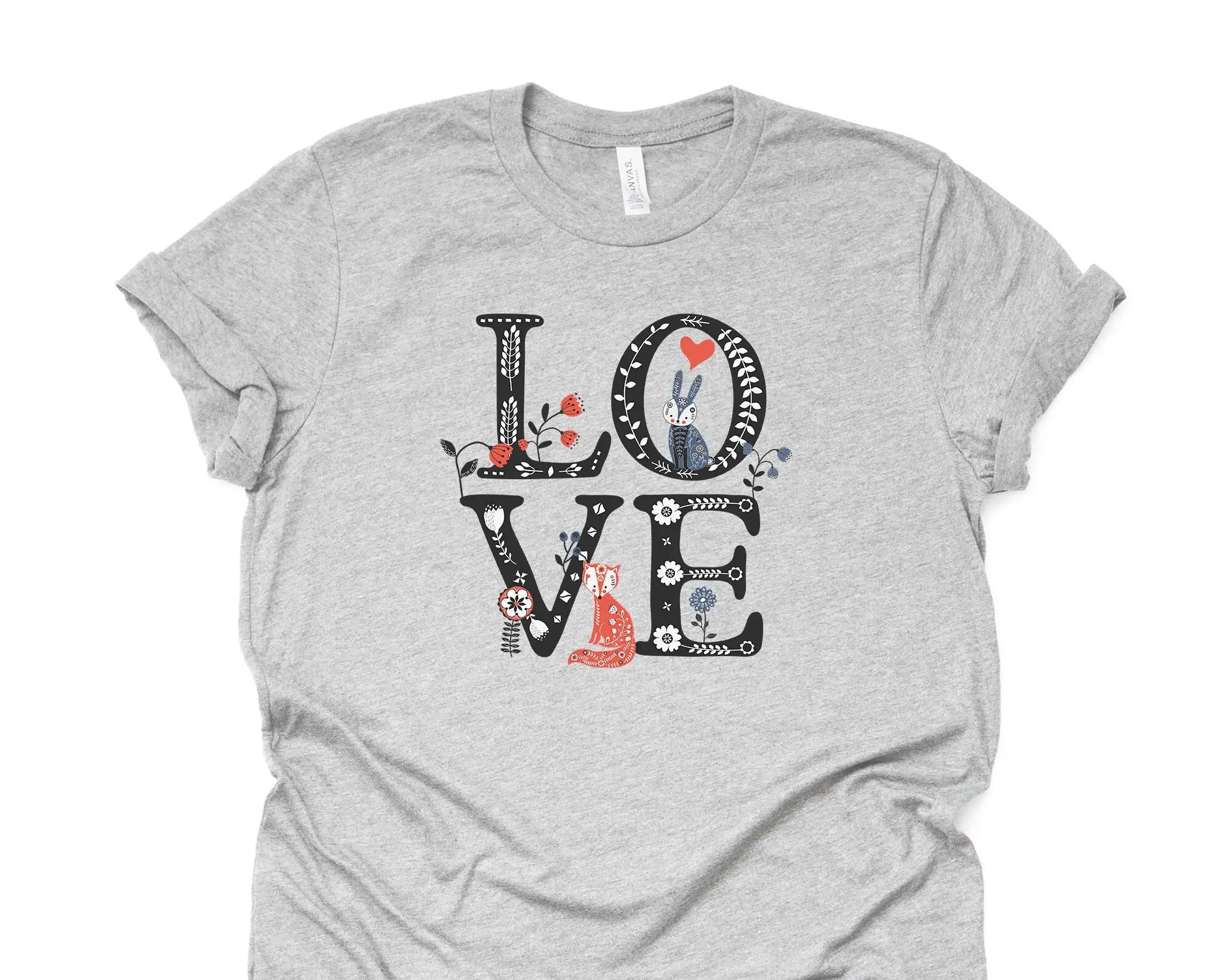 Scandinavian LOVE with  and Rabbit with Flowers Design on premium Bella + Canvas unisex shirt, 3 color choices, plus sizes