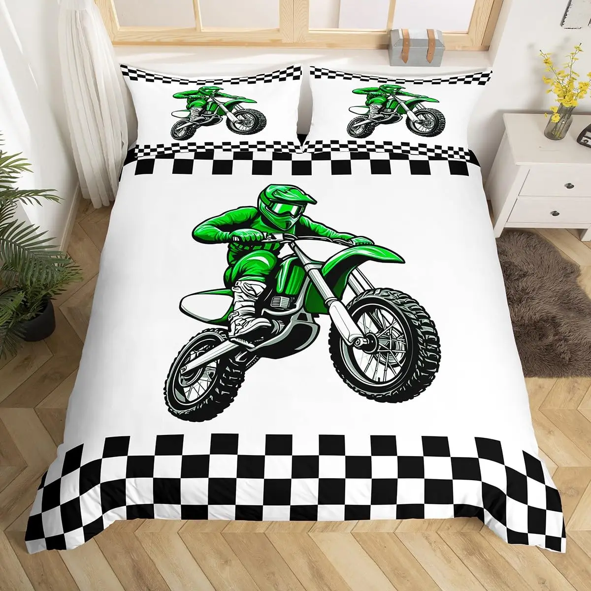 Dirt Bike Duvet Cover Racing Motocross Rider Bedding Set Teens Motorcycle Racer Comforter Cover Sports Polyester Quilt Cover