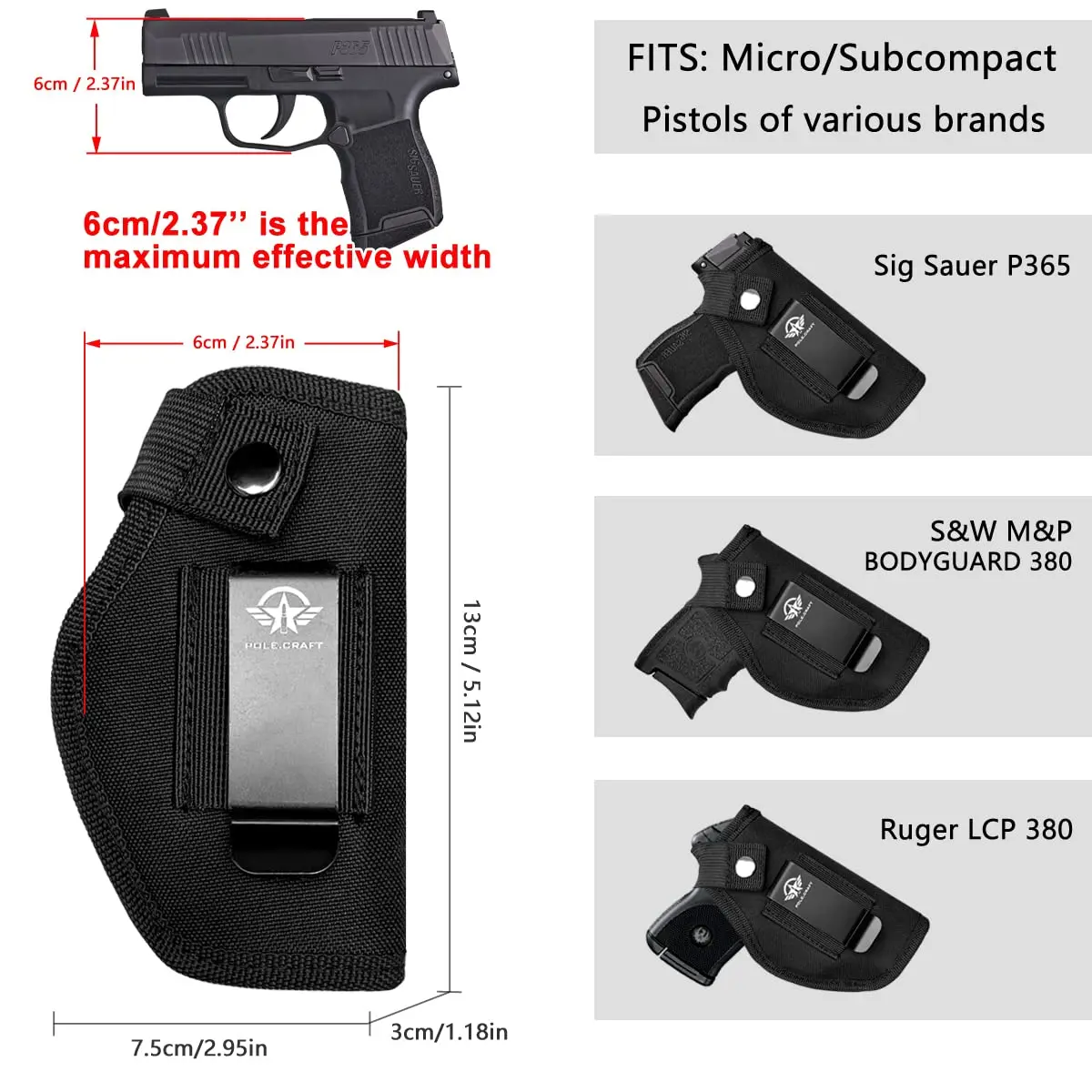 IWB/OWB 9mm Gun Holsters Fit: Sig Sauer P365 P238 P938 - Walther PPK 380 CCP - Ruger EC9s LC9 LC9s LCP380 LCP II - S&W Bodyguard