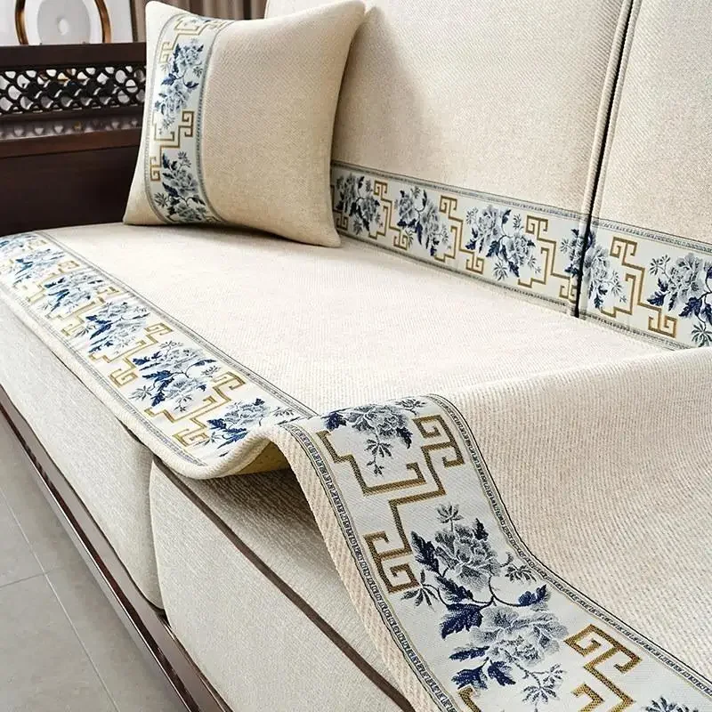 Four Seasons Universal Sofa Cushion Chenille Embroidery Floral Pattern Sofa Towel Backrest Armrest Dust Cover Anti Slip Covers