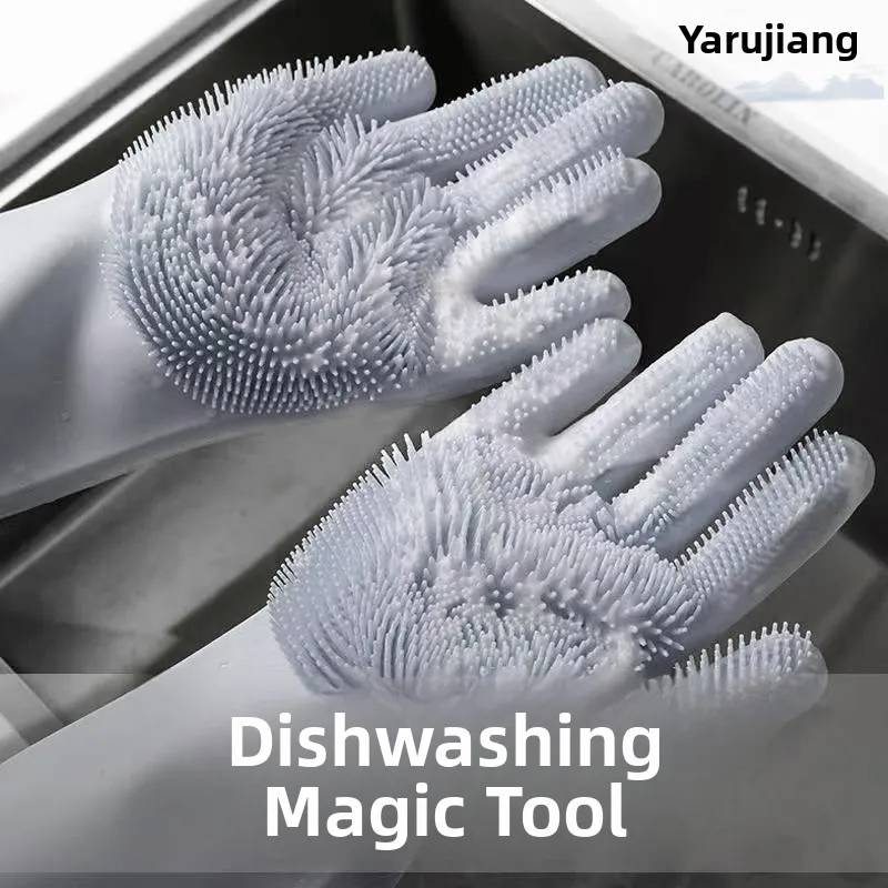 Large Size Men's Dishwashing Gloves Thickened Fleece Rubber Silicone Kitchen Cleaning Tools Home Housework Brush Dishware