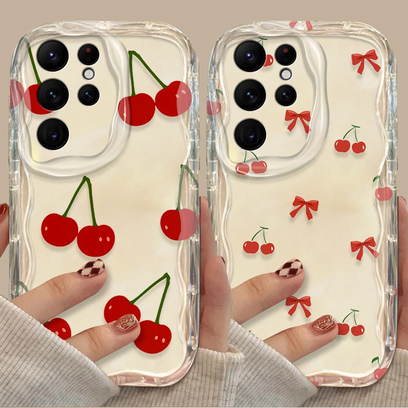 Cartoon Red Cherry Graphic Clear Case For Samsung Galaxy S24 Ultra S23 S22 Plus S21 S20 FE A25 A55 A35 A15 A16 A05 A05S A06 Etui
