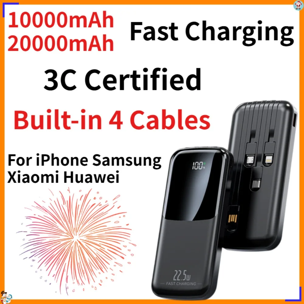 20000mAh Power Bank Fast Charging 3C Certified Built-in 4 Cables Portable Charger for iPhone Samsung Xiaomi Huawei PowerBank